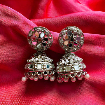 pair of oxidised silver mirror work jhumka earrings